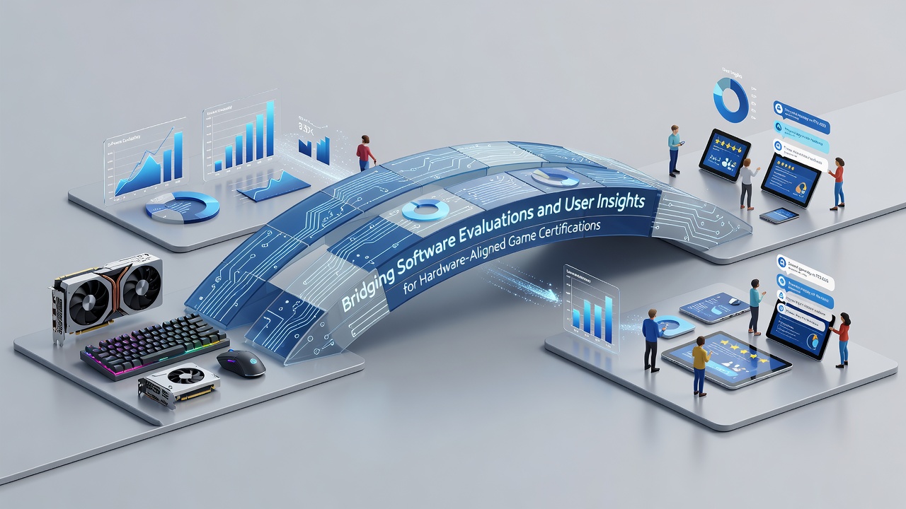 Hardware testing rigs connected to analytics interfaces showing synchronized software and user insight data flows