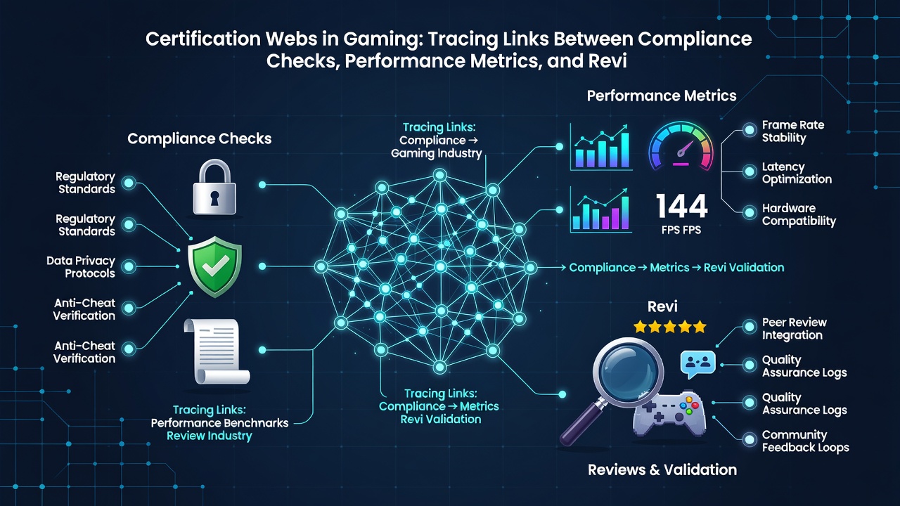 Illustration of data flows between performance benchmarks, compliance mapping, and aggregated review scores during game certification