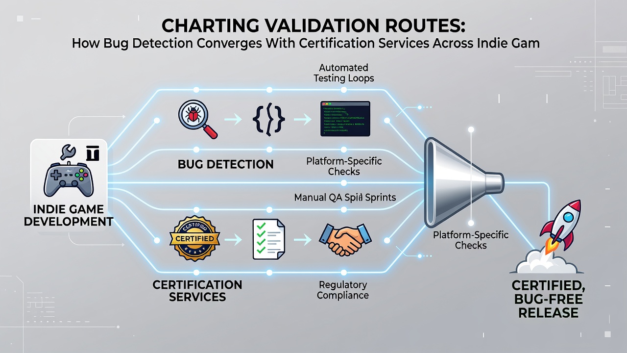 Diagram illustrating how bug reports flow into certification workflows within indie game pipelines