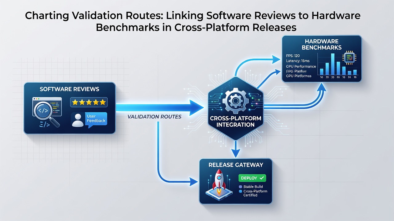 Flowchart illustrating how software review data feeds into hardware benchmark execution across different gaming platforms