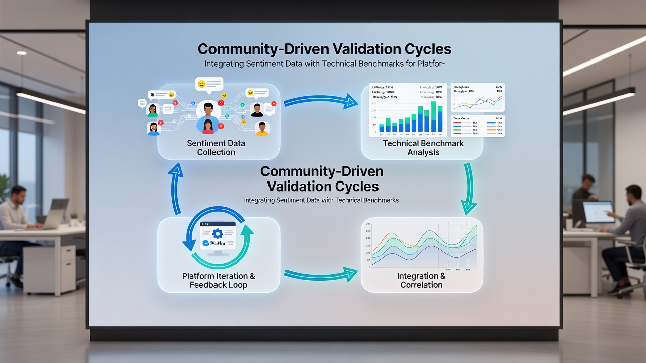 Diagram showing sentiment analysis layers connected to benchmark testing grids for cross-platform certification