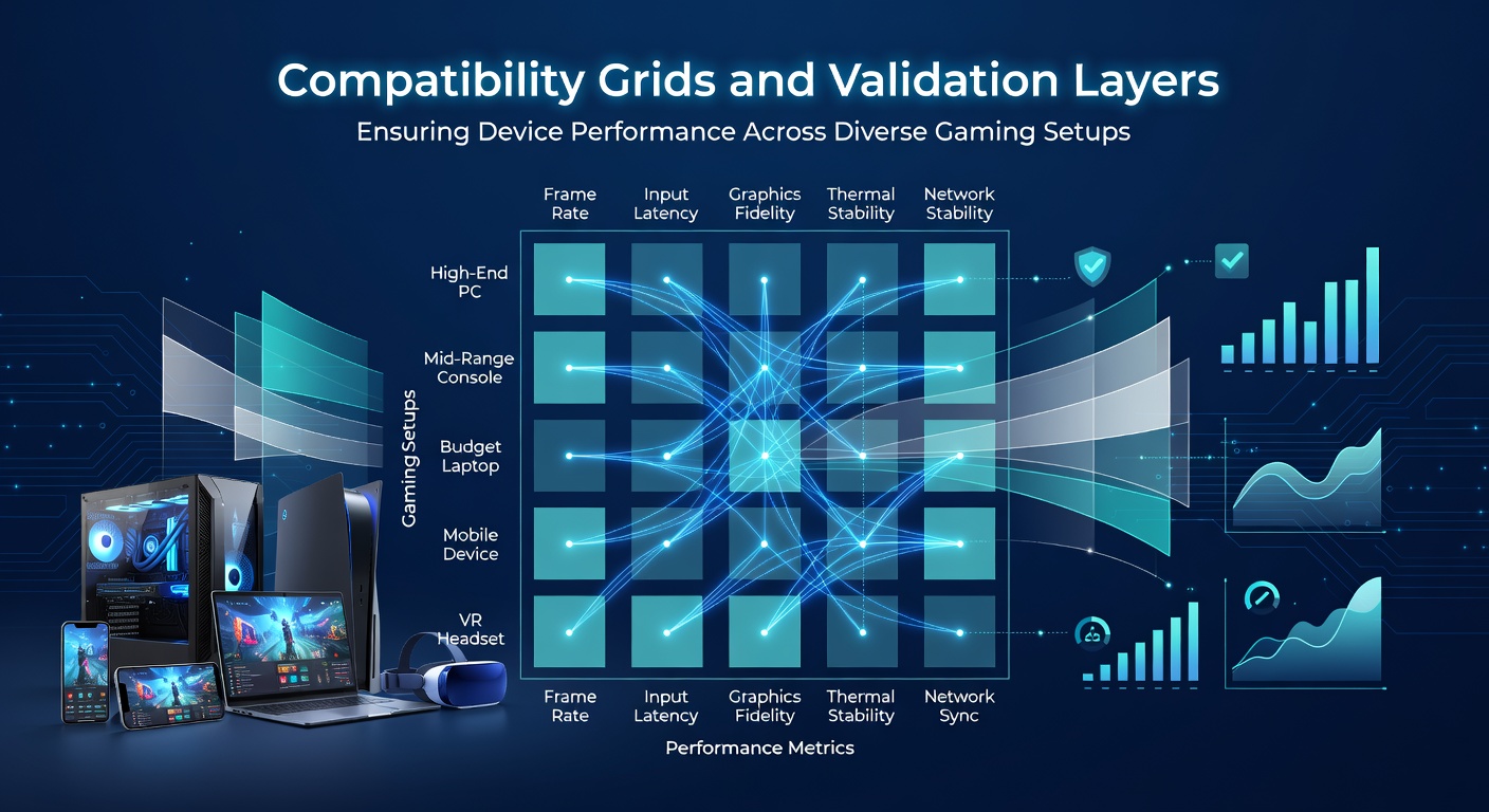 Validation layer output logs overlaid on a compatibility grid for cross-device gaming performance checks