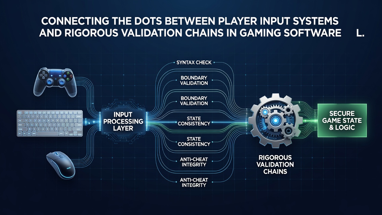 Flowchart illustrating validation chain stages linked to various player input validation points