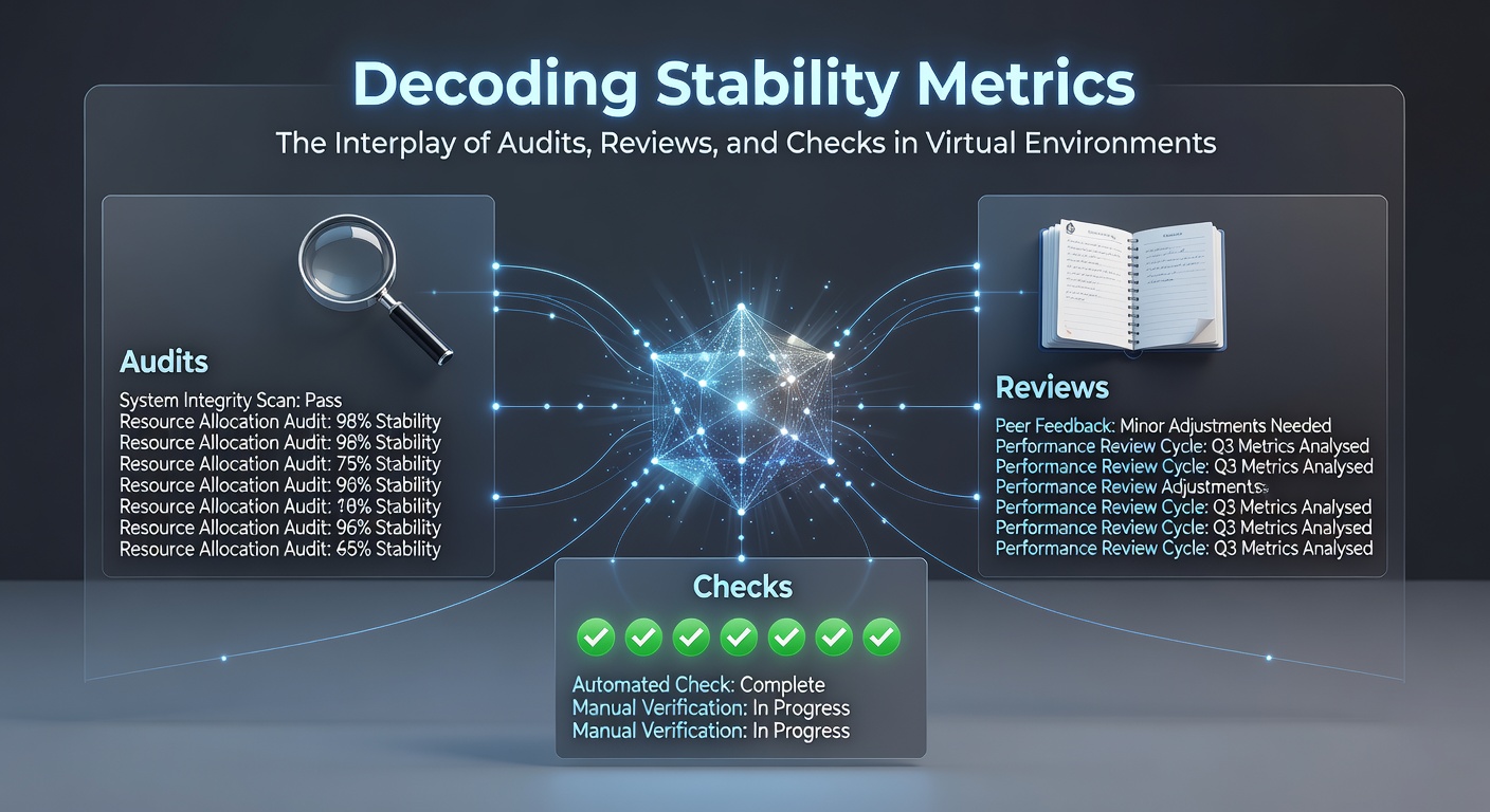 Dashboard screenshot showing interconnected audit logs, review notes, and live stability check results in a cloud-based virtual environment