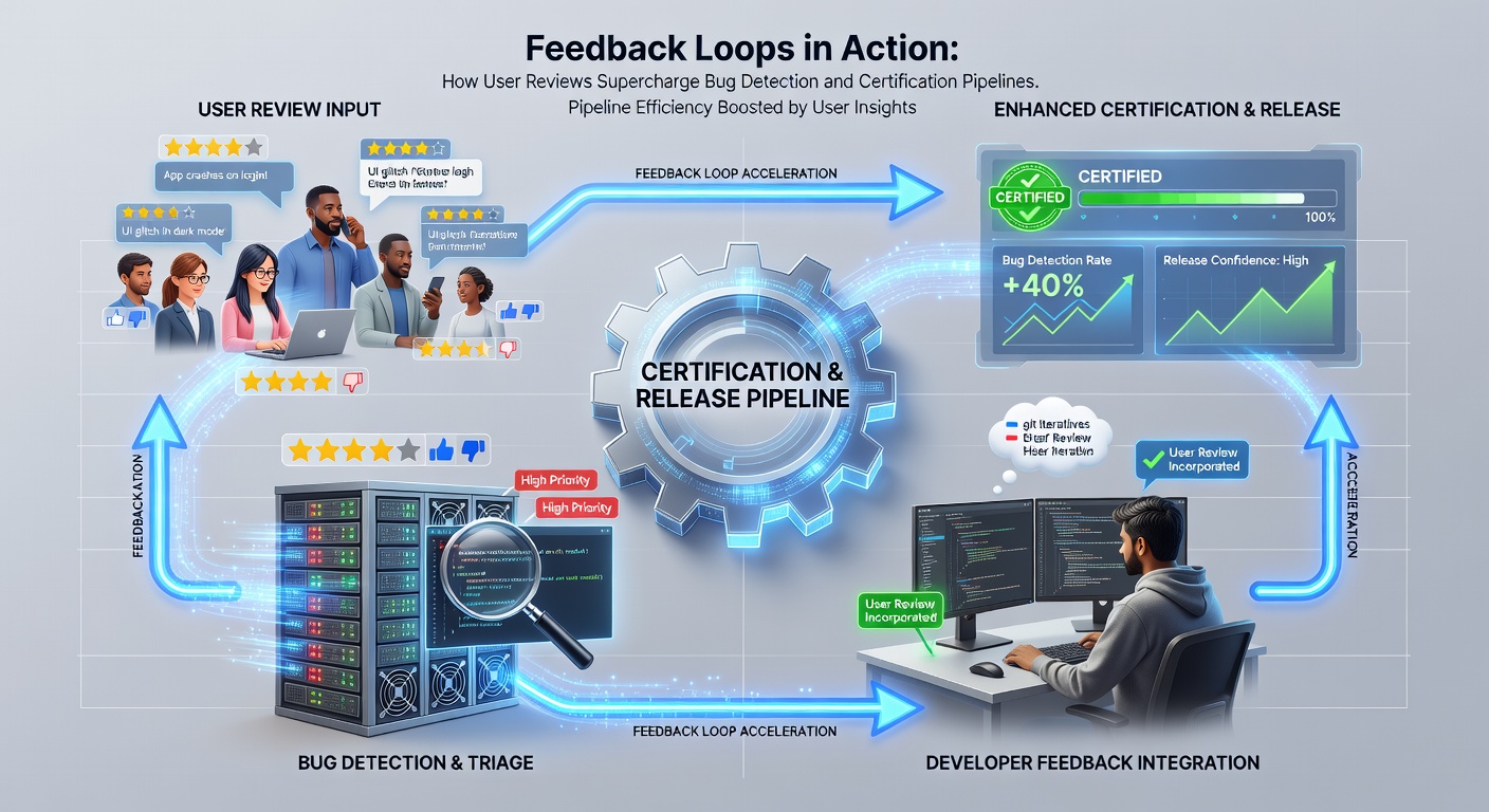 Diagram showing user reviews integrating with bug detection dashboards and certification workflows, with arrows illustrating rapid feedback cycles in game development