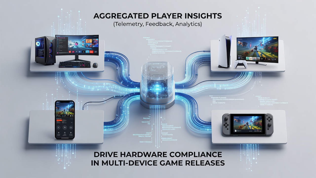 Infographic showing player insight aggregation process linked to multi-device hardware compliance validation