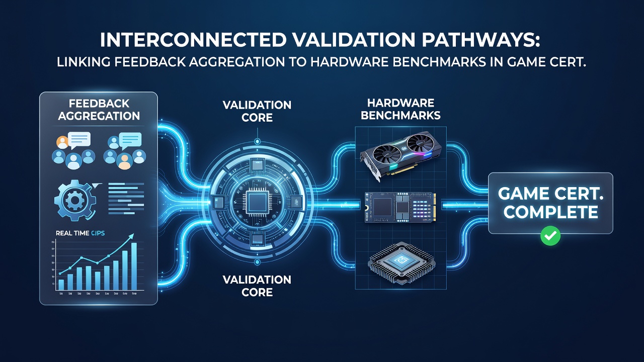Laboratory setup for hardware benchmark testing linked to aggregated game feedback data