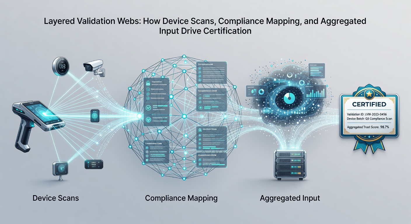 Flowchart showing interconnected stages of device scans feeding into compliance mapping supported by aggregated input streams