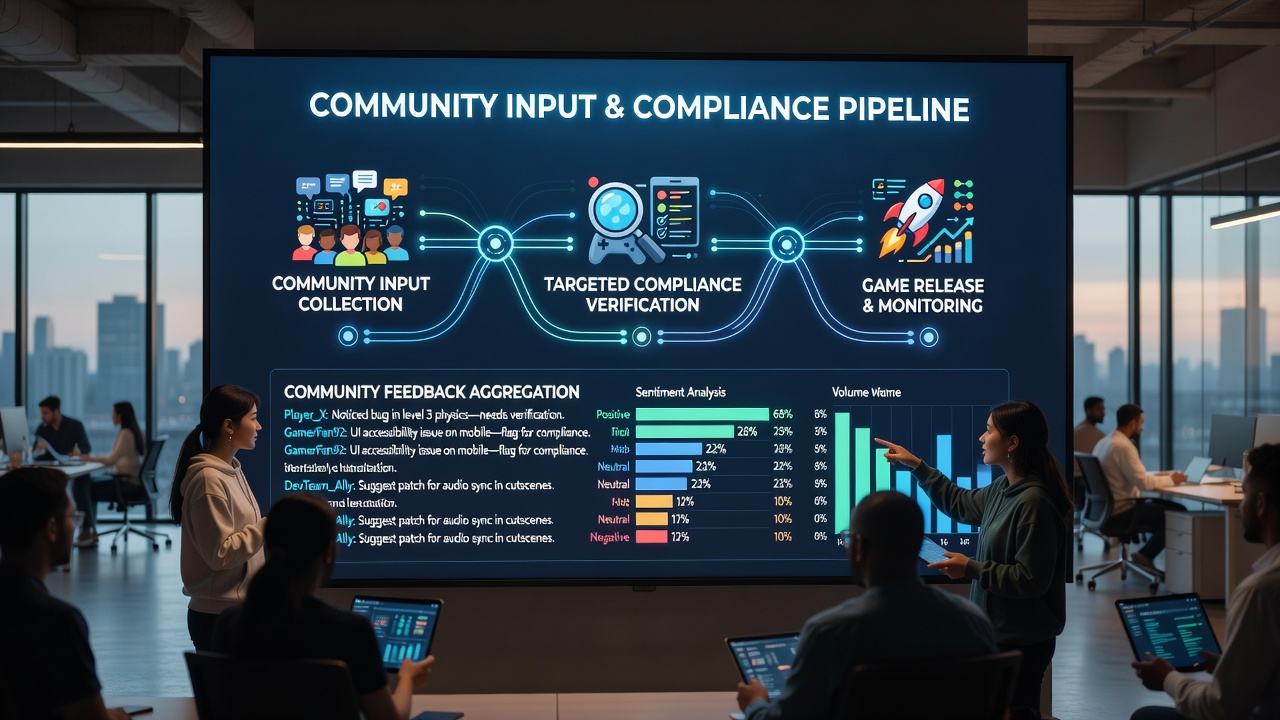Data analysts reviewing community feedback metrics for game compliance