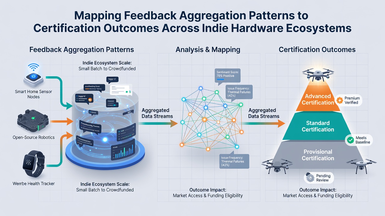 Diagram showing interconnected feedback clusters mapped to indie hardware certification checkpoints
