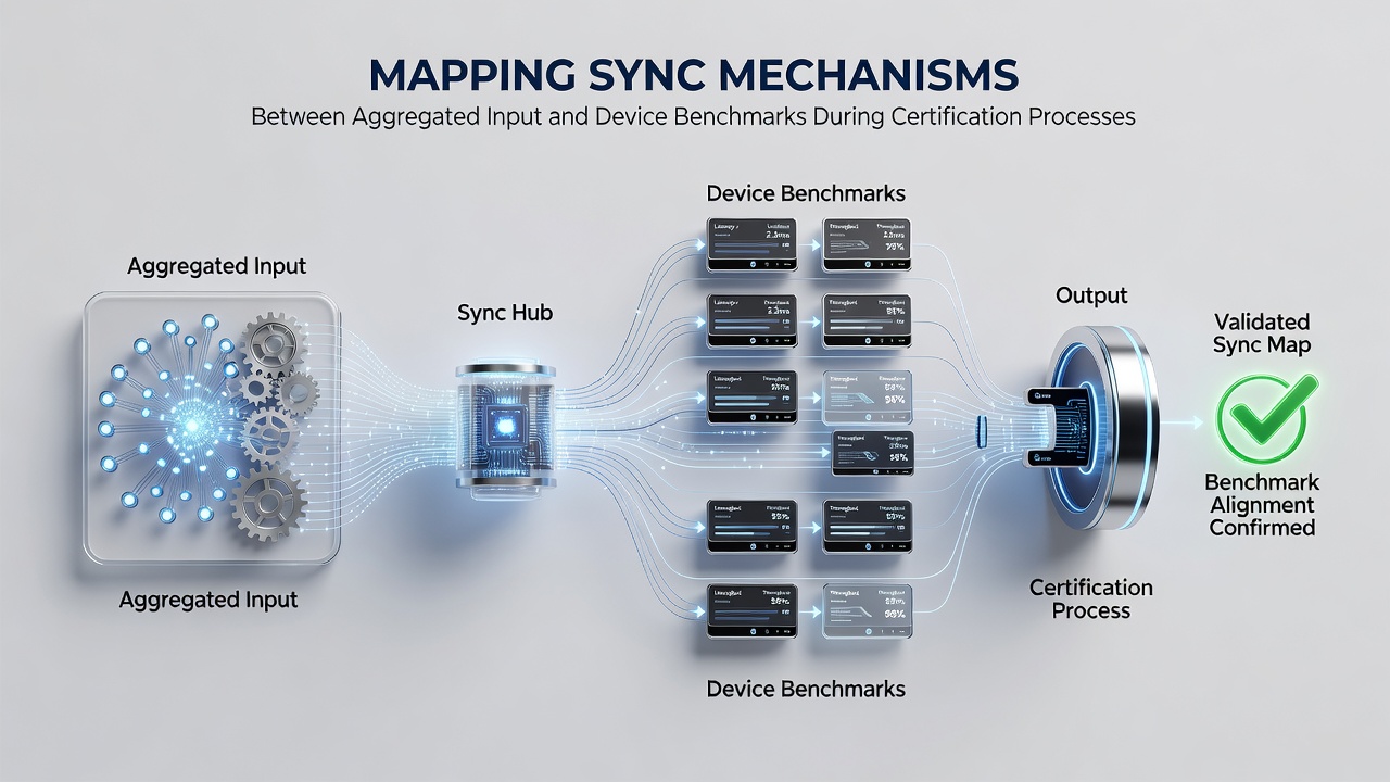 Flowchart of aggregated input synchronization with device benchmarks in certification pipelines
