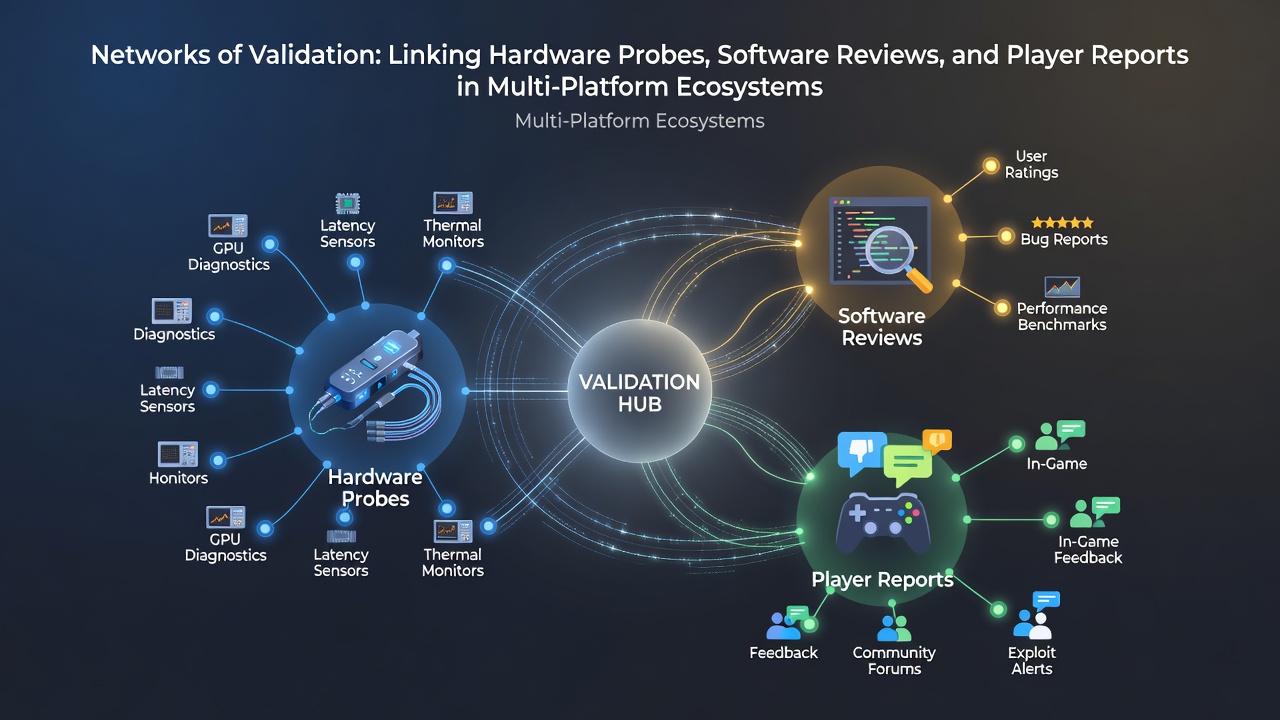 Flowchart illustrating how player reports integrate with hardware data and software audit results in game certification processes