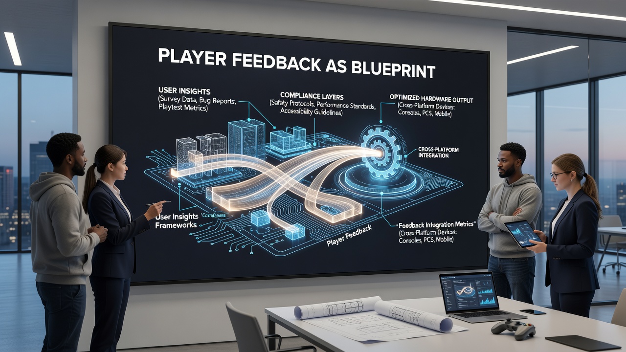 Hardware compliance engineers analyzing aggregated player reports on multiple device test rigs