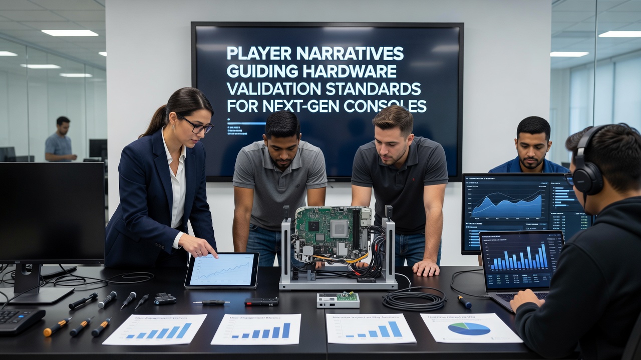 Engineers reviewing aggregated player narrative data on large screens while monitoring next-gen console prototypes in a lab setting