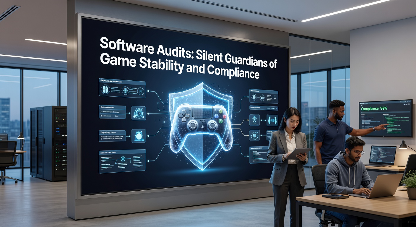 Team of auditors reviewing a game's compliance report on tablets, with charts showing regulatory adherence across EU, US, and Australian standards