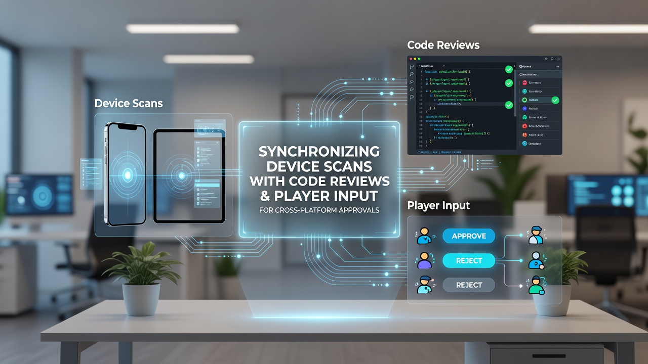 Dashboard displaying synchronized layers of device scan results, code review annotations, and player feedback heatmaps used for cross-platform approval decisions