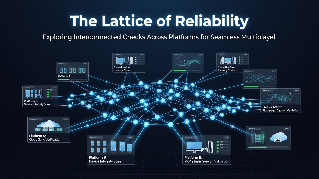 Illustration of validation nodes linking hardware scans, compliance checks, and user feedback across multiple gaming platforms