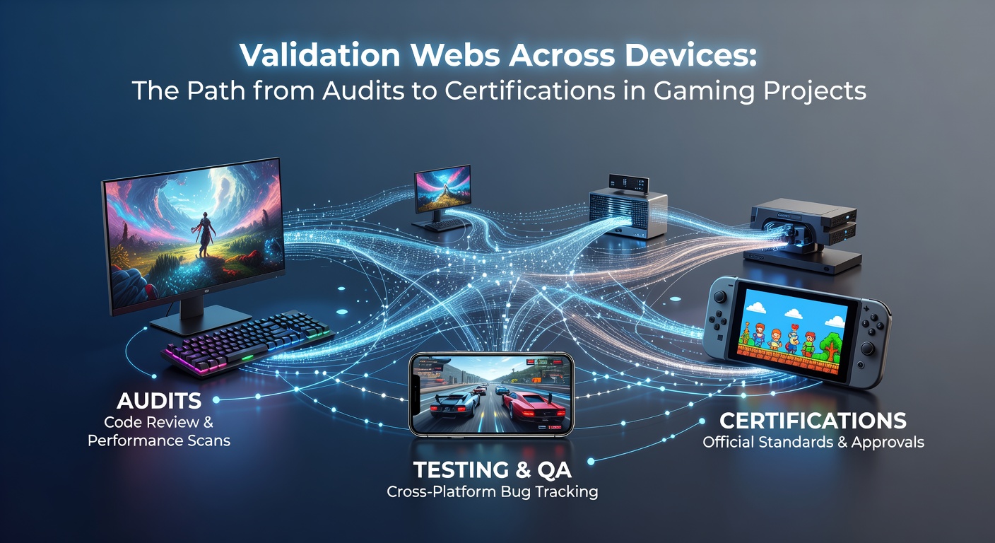 Mid-process validation layers illustrating audit data flowing into certification checkpoints for multi-device gaming releases